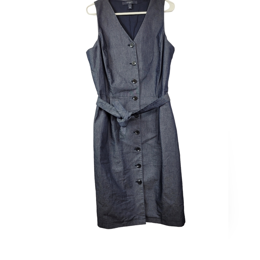 Liz Claiborne denim sleeveless lined midi button front dress with belt size 18